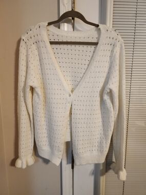 White Open-Knit V-Neck Women's Sweater